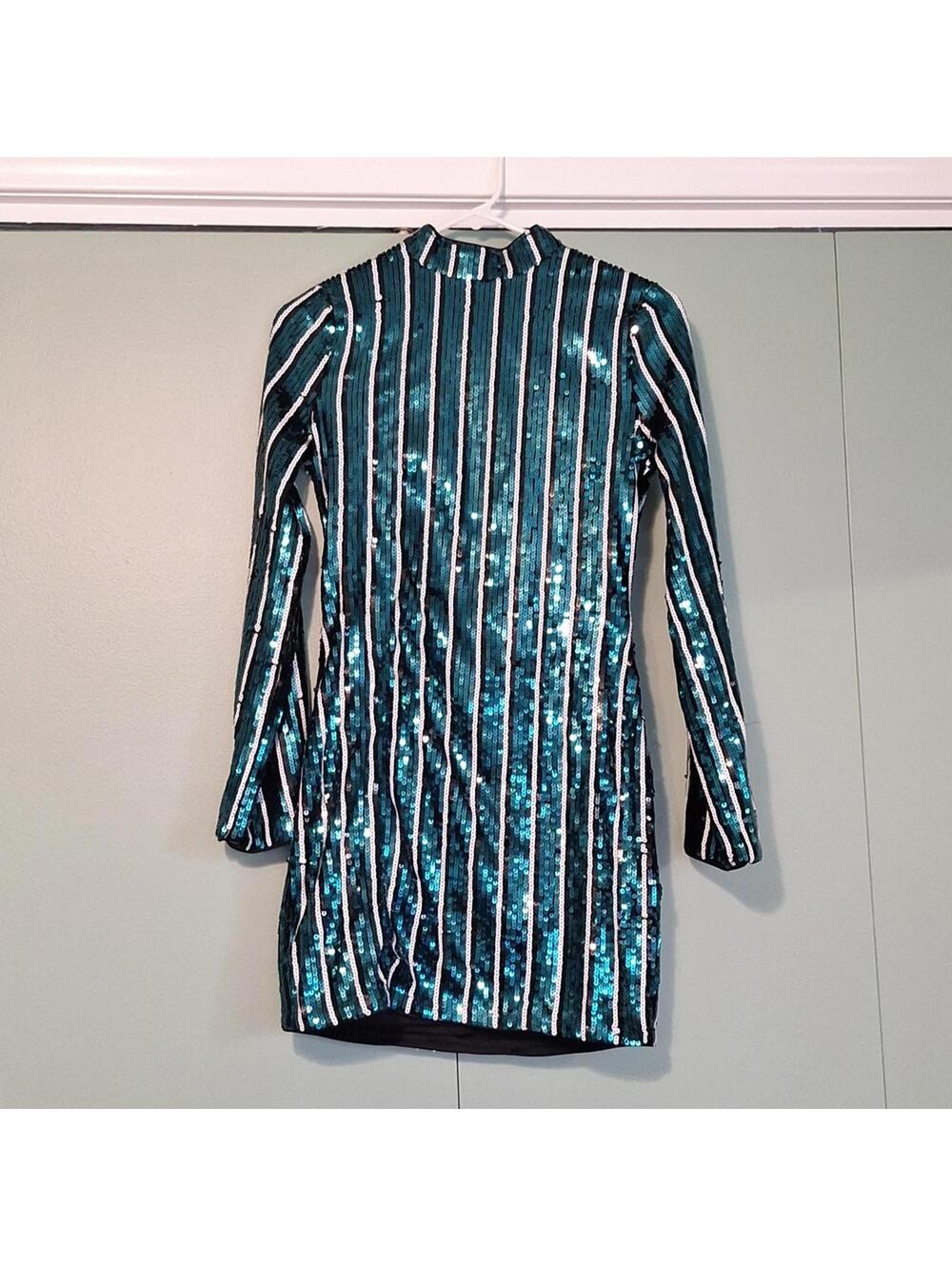 New Look Sequins Green Vertical Striped Long Sleeve Open Back Dress Size 2